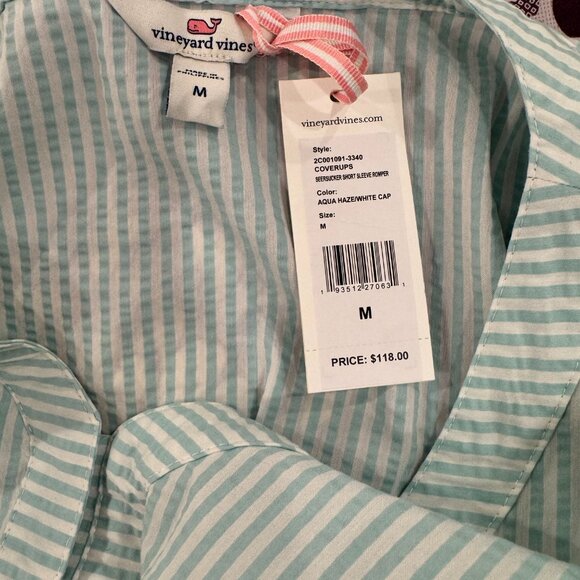 Vineyard Vines NWT Seersucker Short Sleeve Romper Retail $118 Aqua Blue White M - Picture 9 of 9